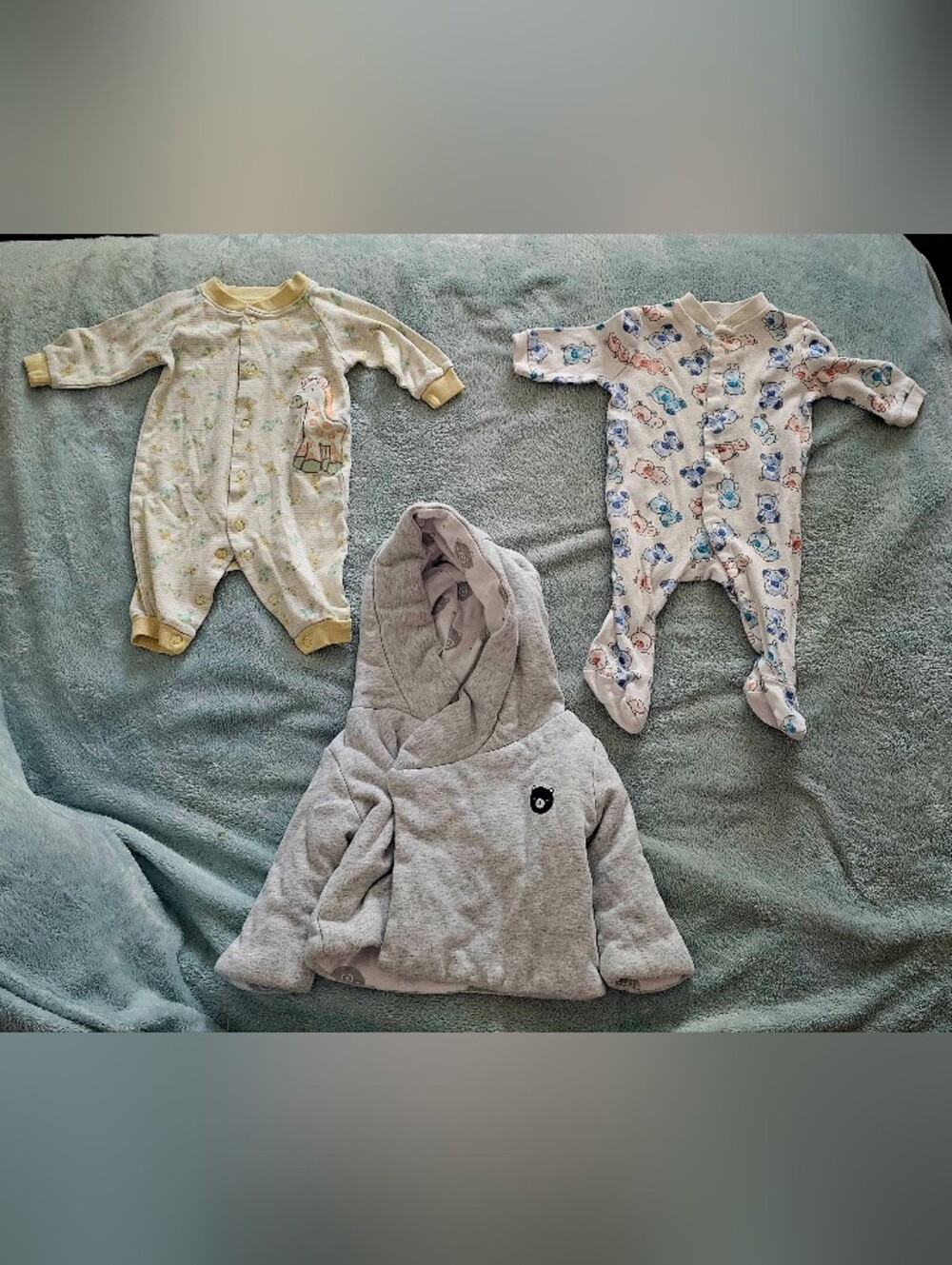 Gray Hooded Baby Jacket with Bear Patch And 2 Sleepers Size 0-3 Months